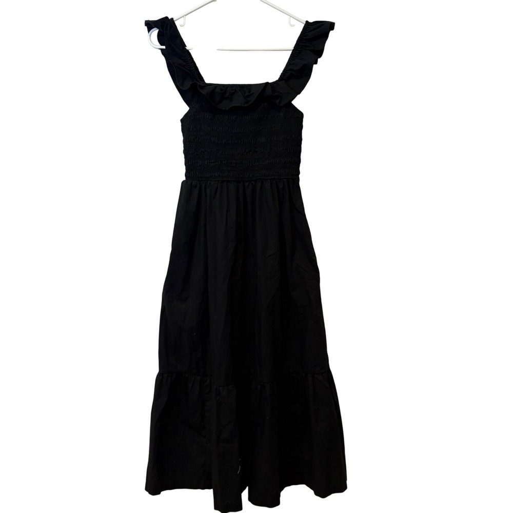 GAP Black Smocked Ruffle Square Neck Maxi Dress S Tall Women Cotton‎